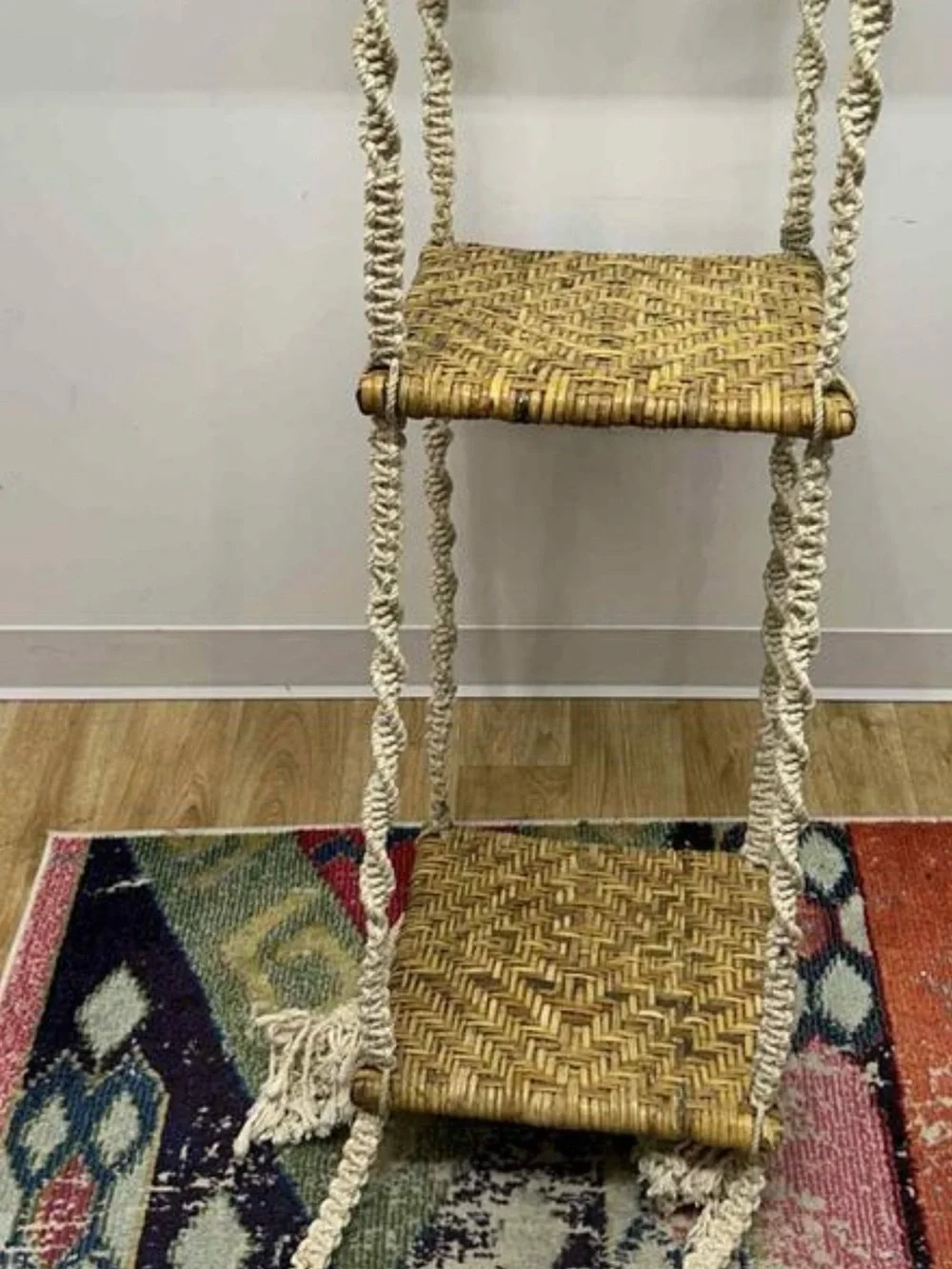 Vintage Cream Rope and Natural Wicker Hanging Shelf